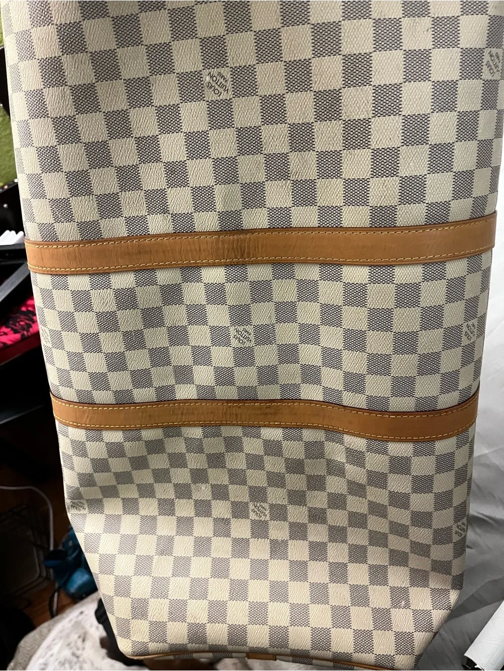 Louis Vuitton Damier Azur Canvas Duffel in Cream and Tan Leather